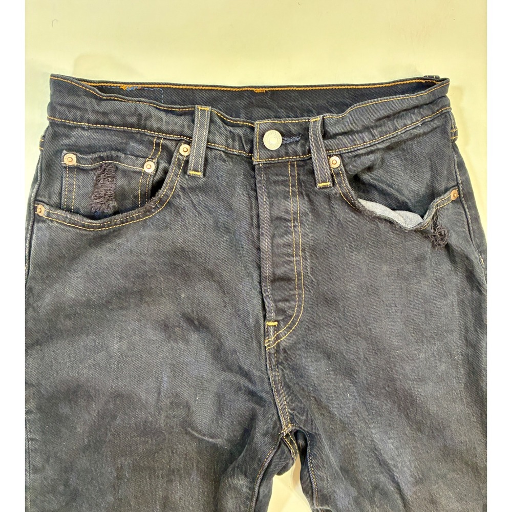 Levi's 501 Dark Wash Denim Jeans Distressed Ripped‎ Raw Hem Button Fly - Picture 8 of 13